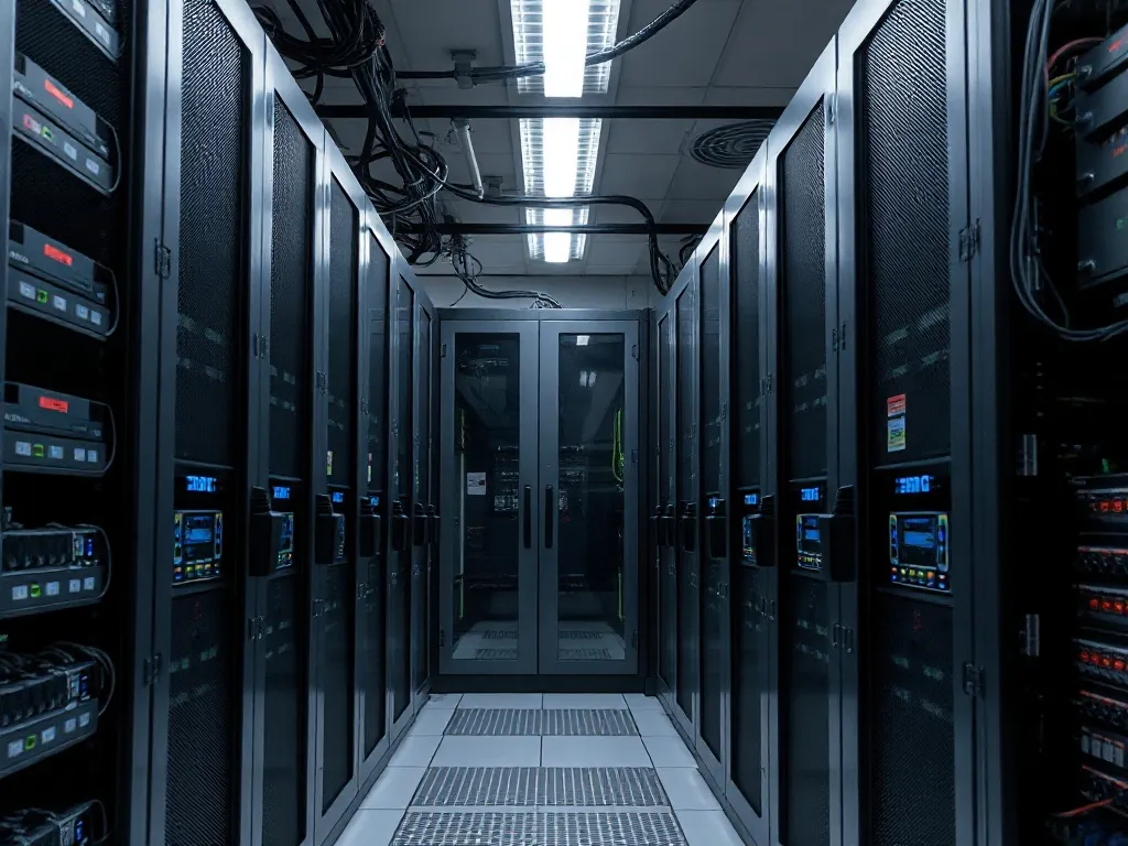 Professional technical server room with neatly organized cab