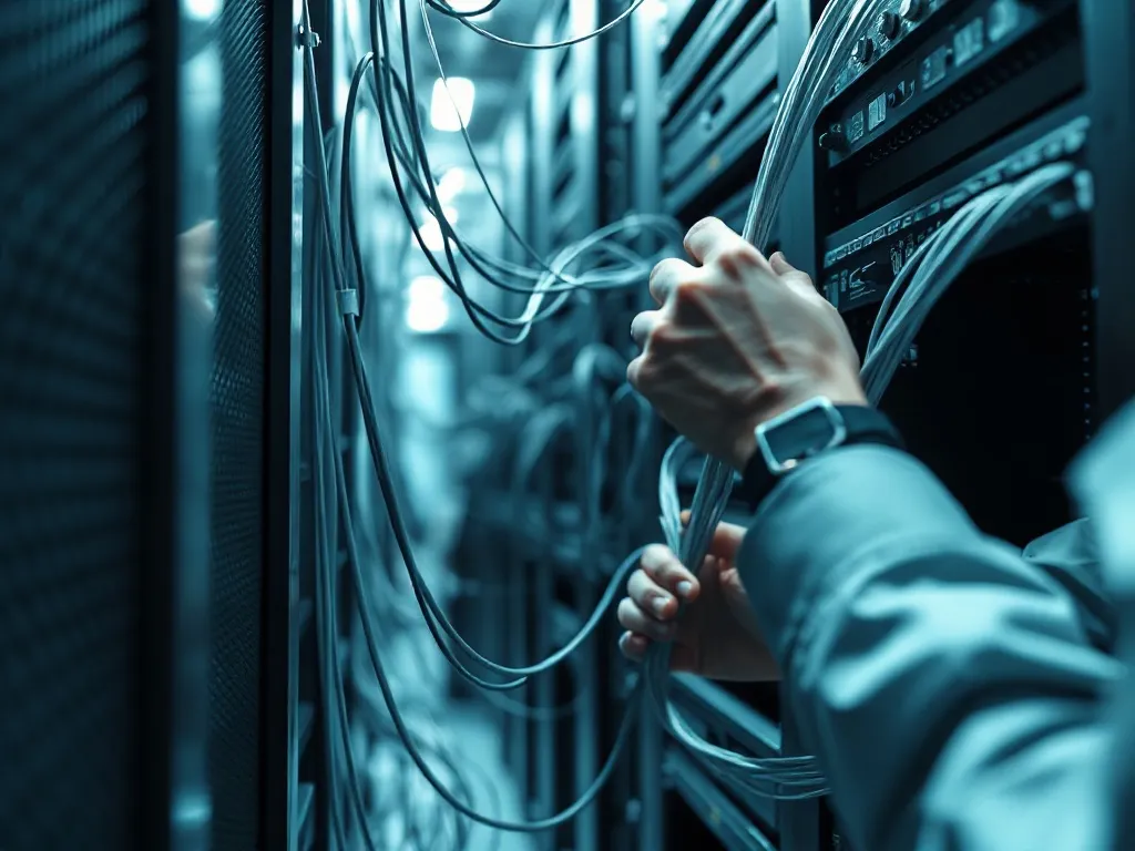 Professional technician hands working on fiber optic cables