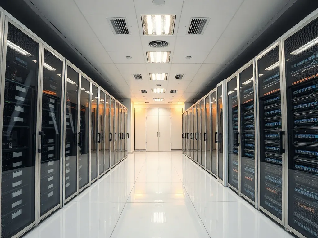 Professional minimalist office server room with networking e