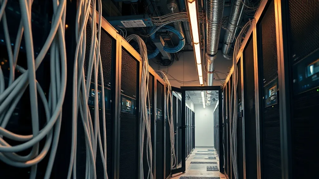 Industrial server room with clean wires and golden lighting