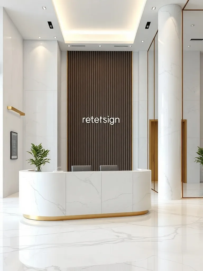 Modern clinic reception area, minimalist design, white marbl