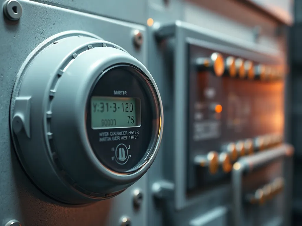 Close up of a smart meter and technical control panel, indus